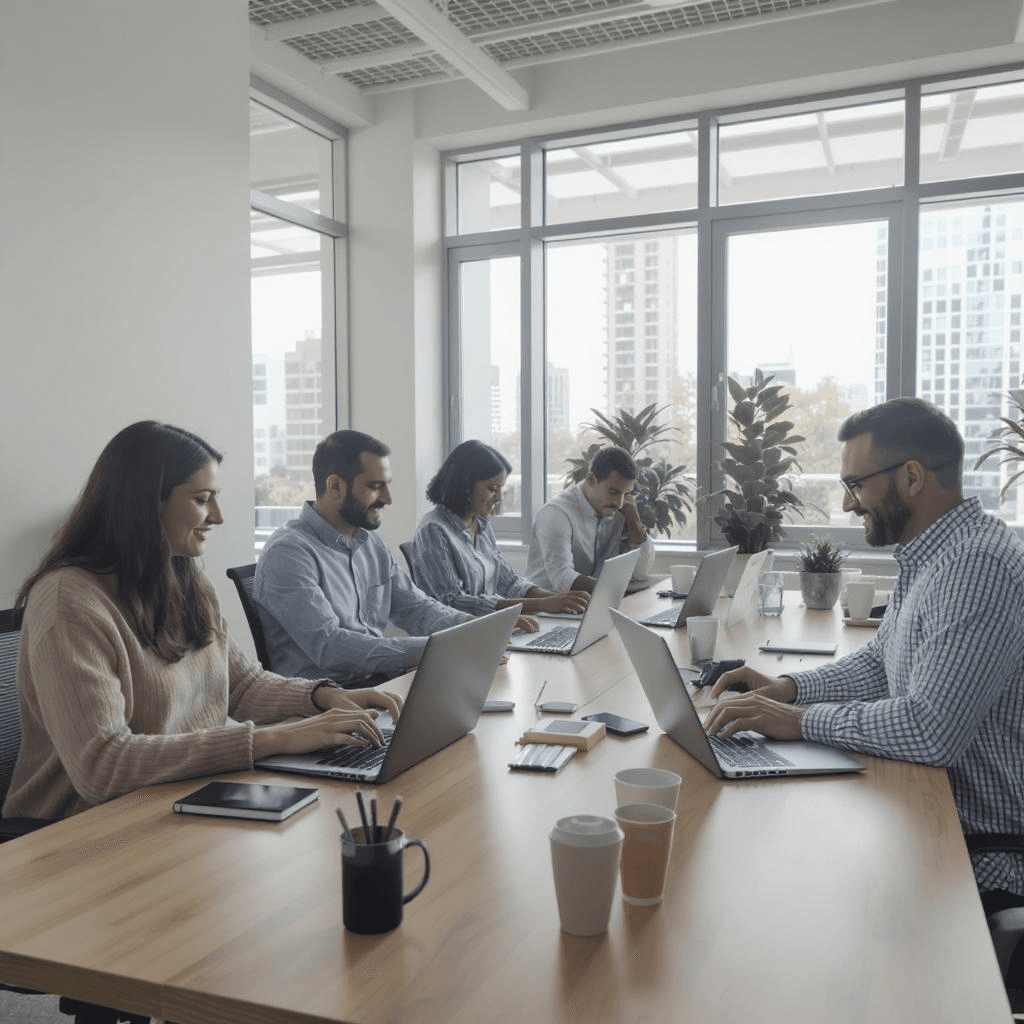 Modern office with digital team collaborating on laptops in bright workspace